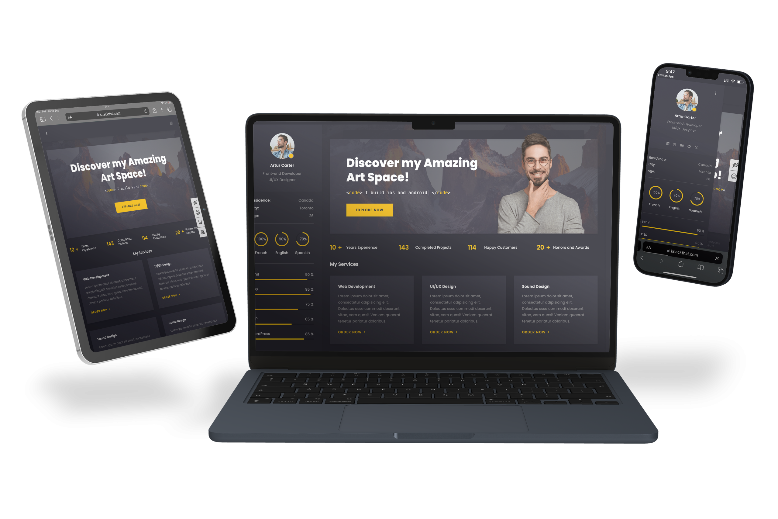KnackThat Smart Resume Builder dashboard displayed on laptop, tablet, and phone – creating professional resumes, portfolios, and personal blogs